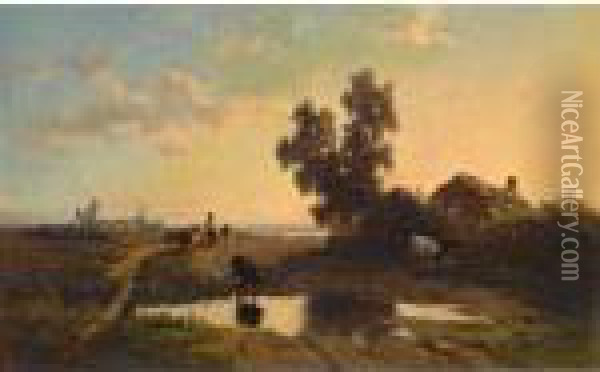 A Farmer And His Cows At Sunset Oil Painting - Willem Roelofs