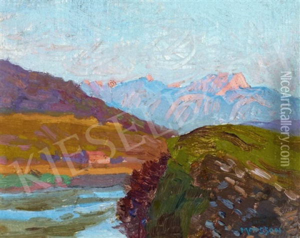 River Landscape With Mountains Oil Painting - Tivadar Jozef Mousson