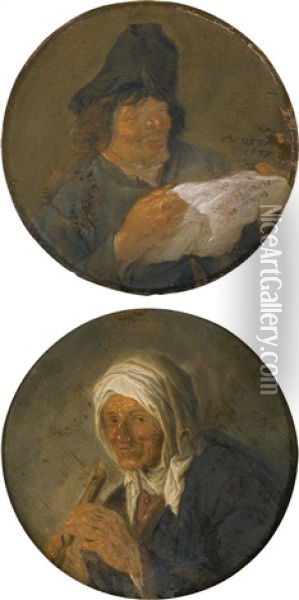 A Male Peasant Head; A Female Peasant Head Oil Painting - Adriaen Jansz van Ostade