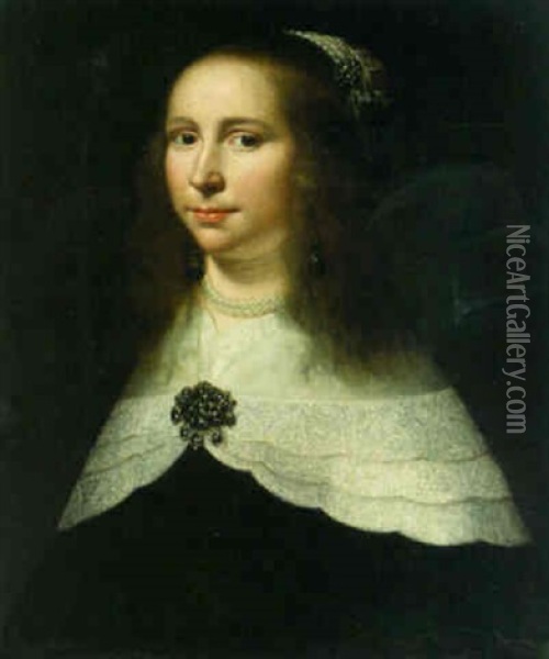 Portrait Of A Lady, Bust-length, In A Black Dress With A White Lawn Collar And A Brooch Oil Painting - Jacob Willemsz Delff the Younger