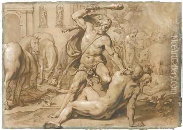 Hercules and Geryon, with the Mares of Diomedes devouring the king's body to the left and Hercules leading away the Oxen of Geryon to the right Oil Painting - Alessandro Turchi (Orbetto)