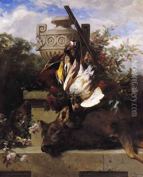 Still Life with Game and a Rifle on a Marble Ledge with an Urn in a Flowery Landscape Oil Painting - Jean-Baptiste Robie