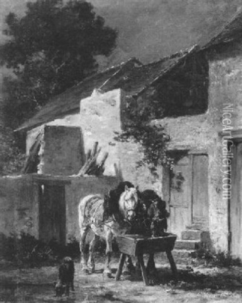 Horses At A Trough Oil Painting - Emile Jacque