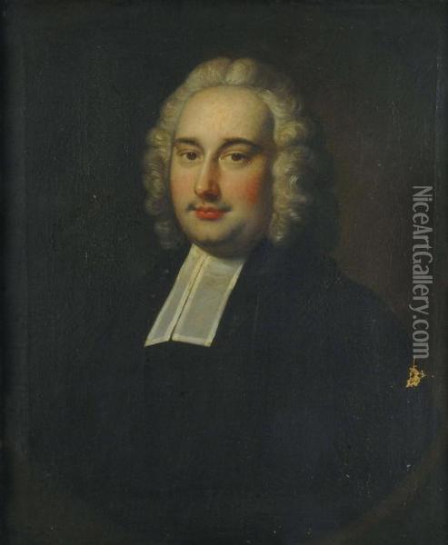 Portrait Of Reverend William 
Batt, Bust-length, In A White Lawn Collar, In A Feigned Oval Inscribed, 
'rev William Batt/collingbourne' Oil On Canvas 29 X 24 In Oil Painting - Thomas Hudson