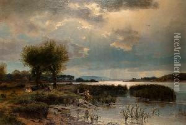 An Extensive View Of A Lake With A Boy Fishing In The Foreground. Oil Painting - Max Schmidt