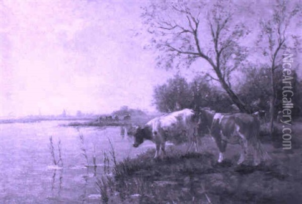 Wooded River Landscape With Cows Oil Painting - Fedor Van Kregten