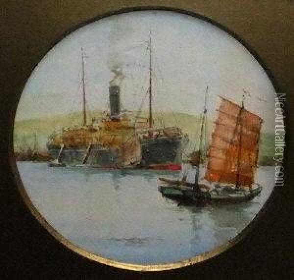 Steamer By A Harbour With Two Chinese Junks Oil Painting - Charles Edward Dixon