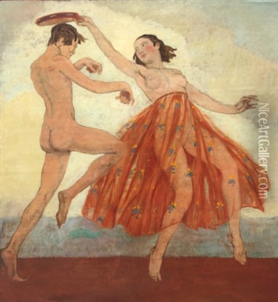 Couple De Danseurs Aux Tambourins Et Aux Cymables Oil Painting - Henry Caro-Delvaille