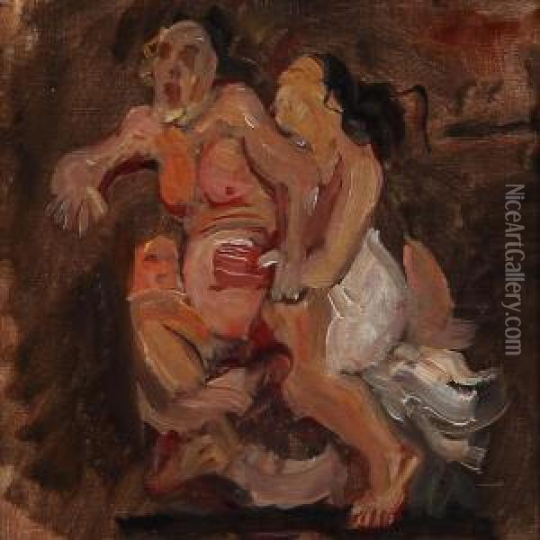 To Kvinder Slas Om En Mand Oil Painting - Oluf Hartmann