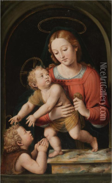 The Virgin Mary With The Christ Child And The Infant Saint John The Baptist Oil Painting - Joan De Joanes