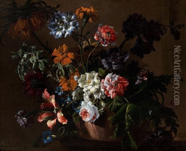 Bouquet De Fleurs Dans Un Vase En Terre Sur Un Entablement Oil Painting - Nicolas Ricoeur