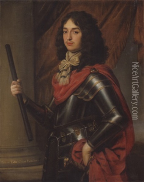 Portrait Of Prince Edward Of The Palatine, In Armour And A Red Mantle, A Baton In His Right Hand Oil Painting - Gerrit Van Honthorst