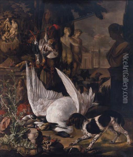 A Spaniel Guarding Dead Birds Amongst Garden Statuary In A Parklandscape Oil Painting - Jan Weenix
