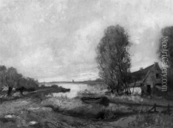 Cottage Beside A Lake In A Summer Landscape Oil Painting - Cornelis De Bruin