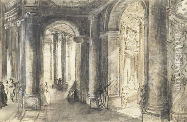 View Of The Galleries Looking Onto Rotundas Of The Colisee Oil Painting - Gabriel De Saint Aubin