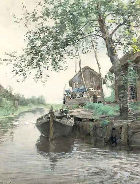 Woning aan 't water activities by the water, Giethoorn Oil Painting - Willem Bastiaan Tholen