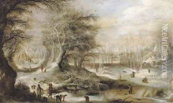 A winter landscape with hunters on a forest track and children playing on a frozen river, villages beyond Oil Painting - Gijsbrecht Leytens
