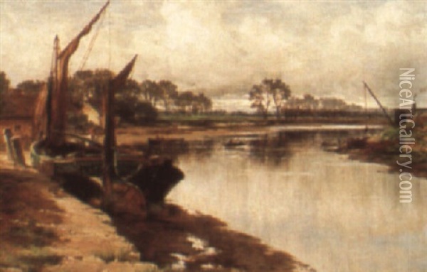 A Sailing Barge By A Creek At Low Tide Oil Painting - William E. Harris