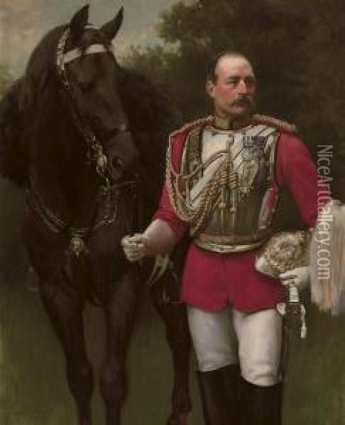 Portrait Of Colonel Rowland John
 Beech, Three-quarter-length, In The Uniform Of An Officer Of The Life 
Guards, With His Horse Oil Painting - John Maler Collier