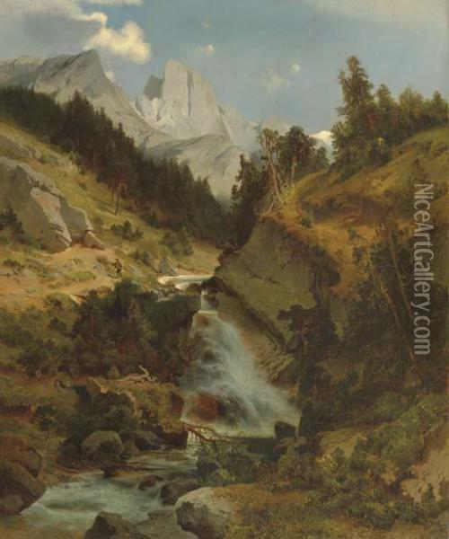 Mountain Lanscape With River Oil Painting - August Schaeffer von Wienwald