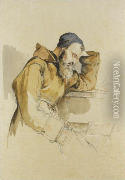 A Franciscan Monk Reading Oil Painting - John Frederick Lewis