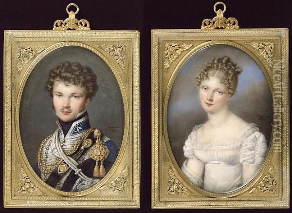 A Pair Of Portraits Of Count Esterhazy And His Wife, Nee Dillon: He, Wearing The Uniform Of The Austrian Hussars, Blue Dolman And Pelisse, Both Heavily Braided In Silver, The Latter Edged In Black Fur, His Chest Draped With Gold Caplines And Flouders, The Oil Painting - Andre Leon Larue Mansion