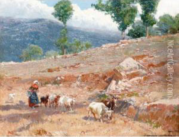 Goatherder In A Landscape Oil Painting - Mariano Barbasan Lagueruela