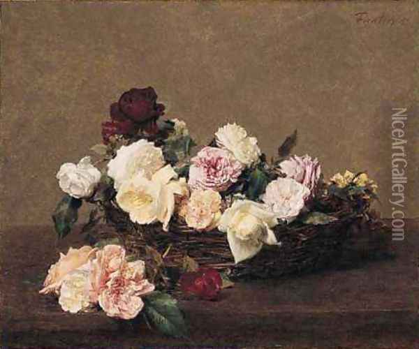 A Basket of Roses Oil Painting - Ignace Henri Jean Fantin-Latour