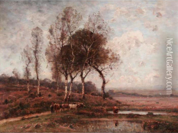Landscape With Cattle Watering Oil Painting - Louis-Aime Japy