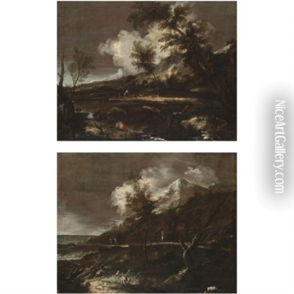 A Coastal Landscape With Fisherman Wrestling Against Stormy Seas (+another; Pair) Oil Painting - Antonio Francesco Peruzzini