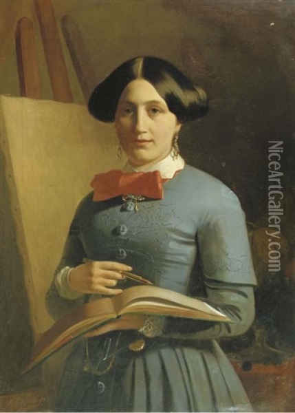 Self-portrait With A Red Ribbon Oil Painting - Modeste Joseph De Salle