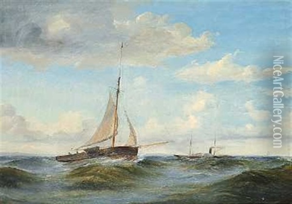 Hjuldamper Og Sejlbad I Hoj So Oil Painting - Carl Julius Emil Olsen