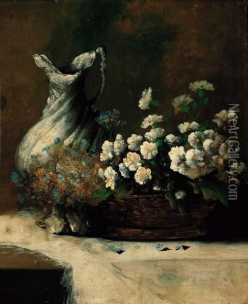 A Basket Of Summer Flowers And A Waterjug On A Table Oil Painting - Germain Theodure Clement Ribot