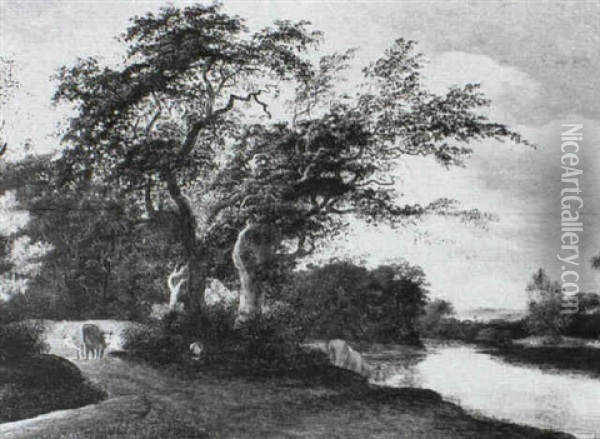 A Shepherd And Cattle By A River Oil Painting - Jacob Salomonsz van Ruysdael