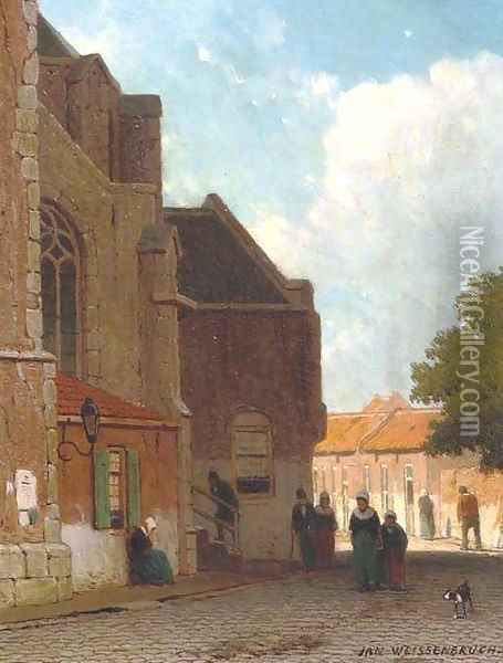 Villagers on a street by a church 2 Oil Painting - Jan Weissenbruch