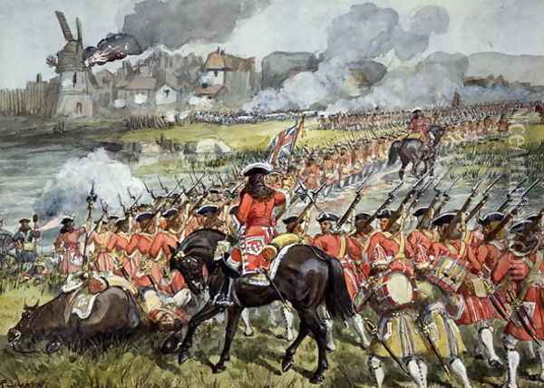 The 16th Regiment of Foot at Blenheim, 13th August 1704, c.1900 Oil Painting - Richard Simkin