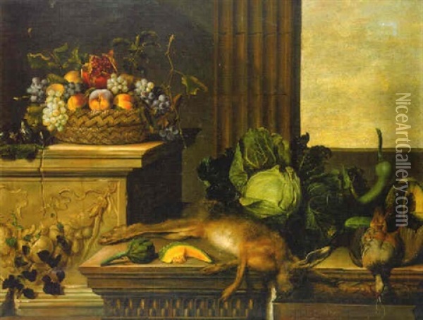 Fruit In A Wicker Basket With Figs On A Plinth, Dead Game, A Cabbage, A Melon, A Gourd And An Artichoke On A Stone Ledge, A Window Beyond Oil Painting - Pierre Dupuis
