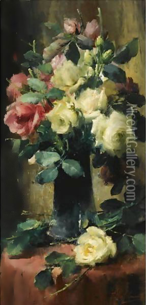 Roses In A Vase Oil Painting - Frans Mortelmans