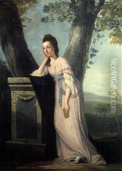Portrait De Mrs. Parker, Lady Boringdon Pensive Sous Un Arbre Oil Painting - Benjamin Wilson