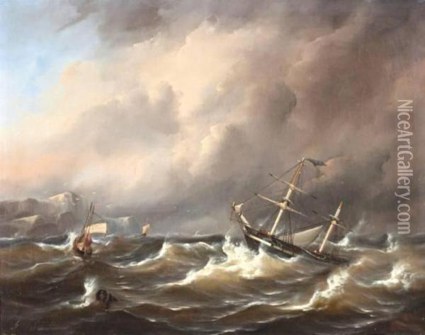 Schepen In Woeste Golven Voor Een Rotskust Oil Painting - Govert Van Emmerik