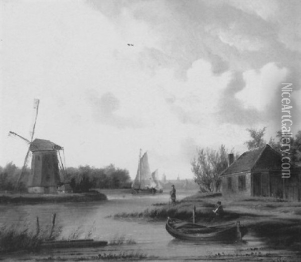 Kanallandschaft Mit Segelbooten Und Windmuhle Oil Painting - Conrad Ahrendts