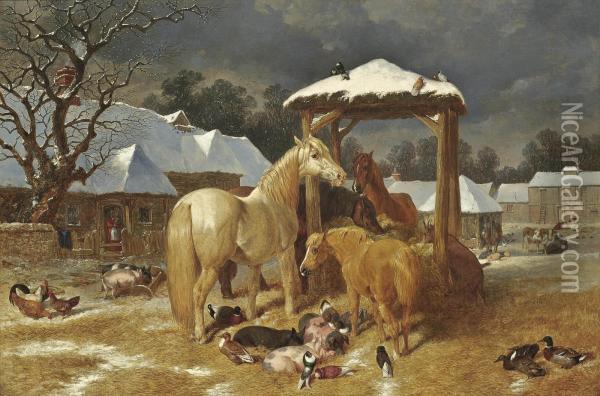 A Winter Feed Oil Painting - John Frederick Herring Snr