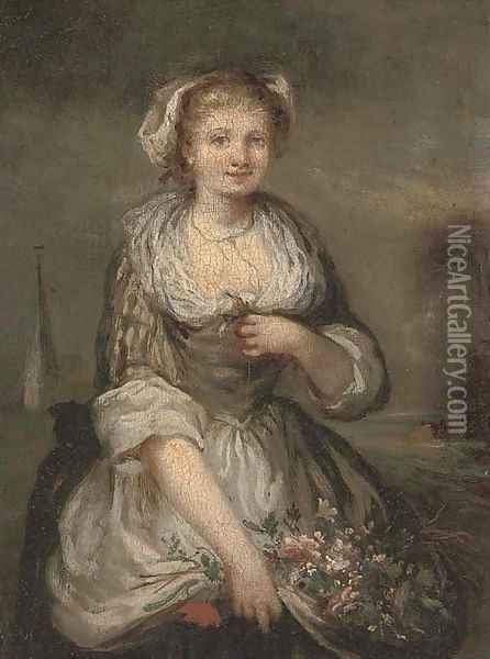 Portrait of a girl, three-quarter-length, with a bunch of flowers Oil Painting - Jean Baptiste Greuze