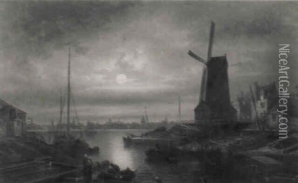 Hollandische Stadt Am Wasser Bei Mondlicht Oil Painting - Elias Pieter van Bommel