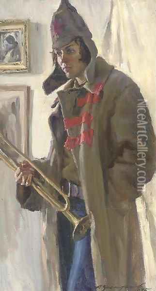 A young Russian soldier with a trumpet Oil Painting - Russian School
