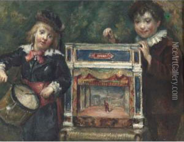 Portrait Of The Artist's Two Sons With Their Puppet Theatre Oil Painting - Marcellin Desboutin