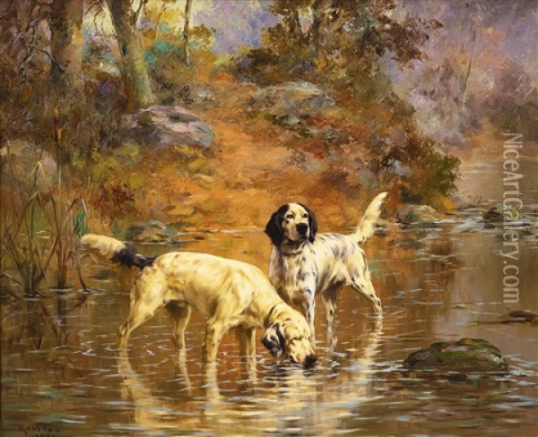 Two Setters In A Cooling Stream On The Grounds Of Overhills, Fayetteville, North Carolina Oil Painting - Percival Leonard Rosseau