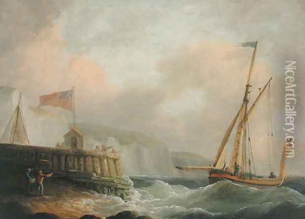 Cutter Entering Harbour Oil Painting - Thomas Whitcombe