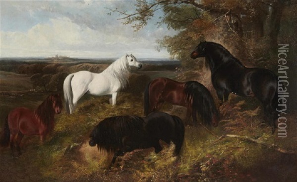 The Queen's Ponies In Windsor Park, With Windsor Castle Beyond Oil Painting - Henry Barraud