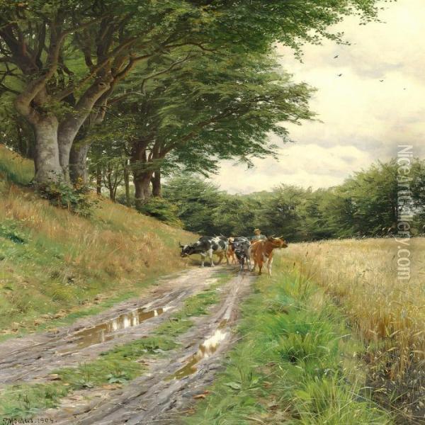 Farmer With His Cattlein The Forest Oil Painting - Peder Mork Monsted